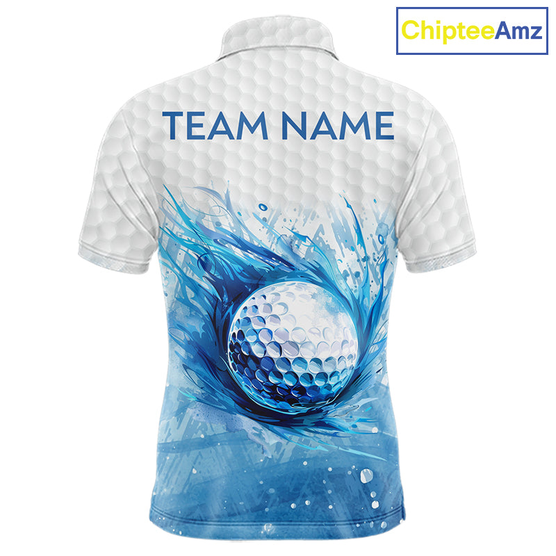 Custom Mens Golf Polo Shirts, Blue Splatter Golf Ball White Men Golf Polo Shirt, Best Golf Shirts NYN2961