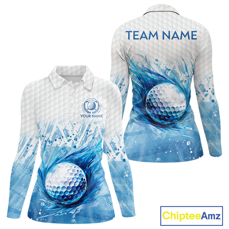 Custom Womens Golf Polo Shirts, Blue Splatter Golf Ball White Men Golf Polo Shirt, Best Golf Shirts NYN2961