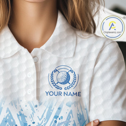 Custom Womens Golf Polo Shirts, Blue Splatter Golf Ball White Men Golf Polo Shirt, Best Golf Shirts NYN2961