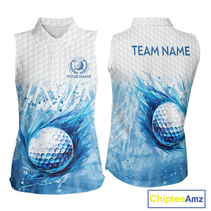 Custom Womens Golf Polo Shirts, Blue Splatter Golf Ball White Men Golf Sleeveless Polo Shirt, Golf Shirts NYN2961