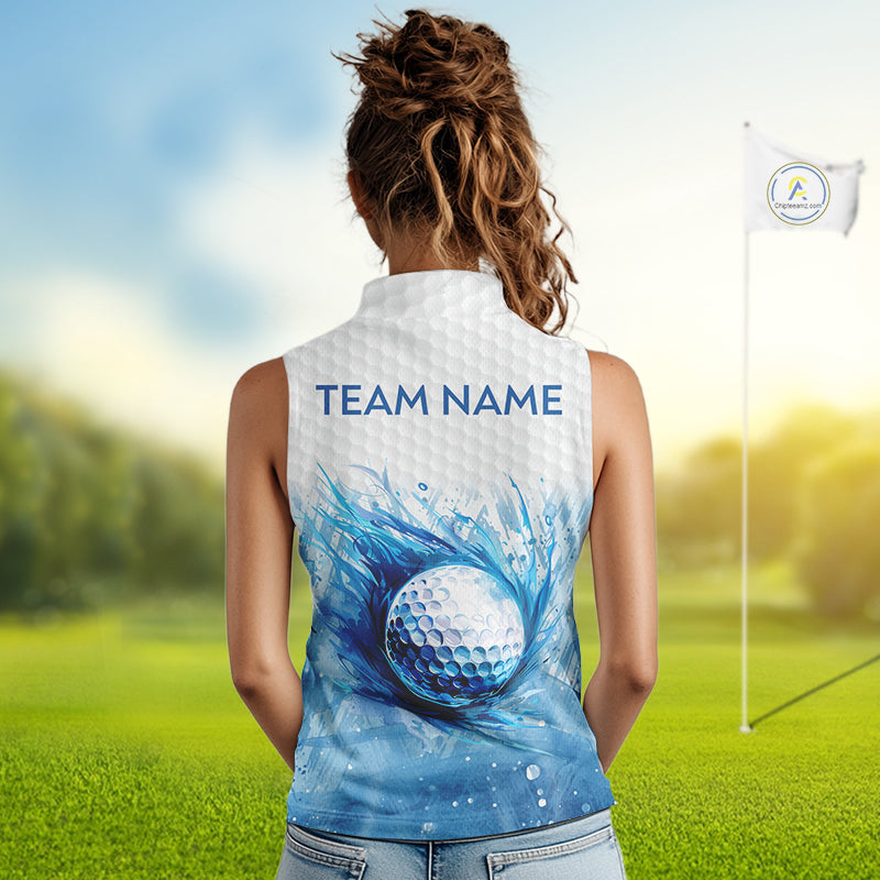 Custom Womens Golf Polo Shirts, Blue Splatter Golf Ball White Men Golf Sleeveless Polo Shirt, Golf Shirts NYN2961