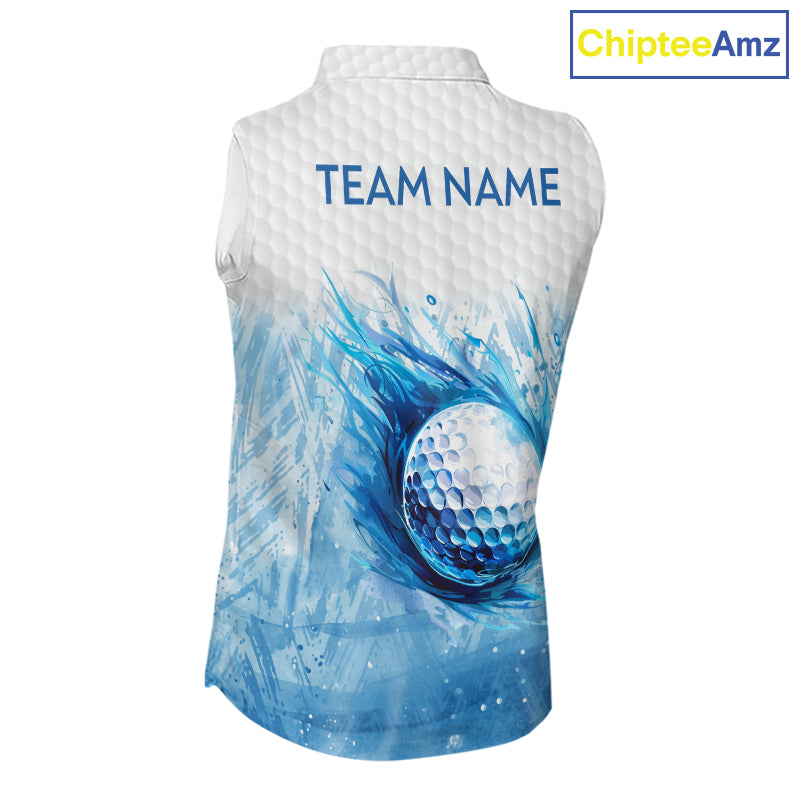 Custom Womens Golf Polo Shirts, Blue Splatter Golf Ball White Men Golf Sleeveless Polo Shirt, Golf Shirts NYN2961