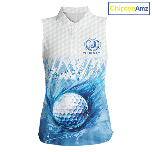Custom Womens Golf Polo Shirts, Blue Splatter Golf Ball White Men Golf Sleeveless Polo Shirt, Golf Shirts NYN2961