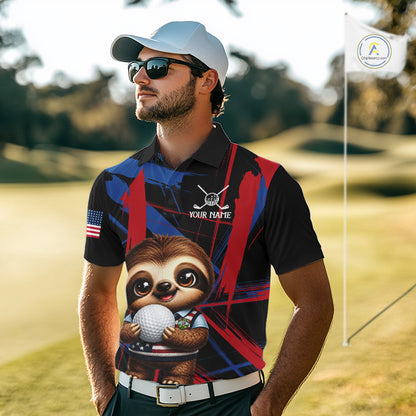Male golfer wearing artistic sloth golf polo during casual golf outing, perfect for family golf events and humorous golf fashion.