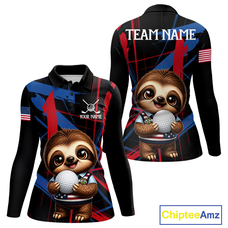 Women's funny golf polo with sloth artwork and colorful brush textures, lightweight golf shirt for ladies golf teams, golf clubs and golf gifts.