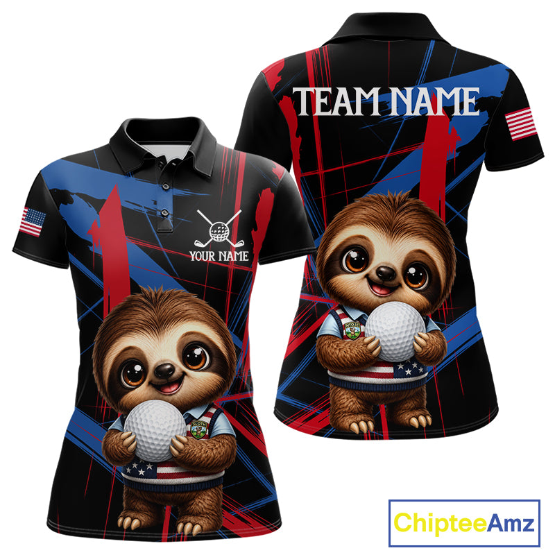 Women's funny golf polo with sloth artwork and colorful brush textures, lightweight golf shirt for ladies golf teams, golf clubs and golf gifts.