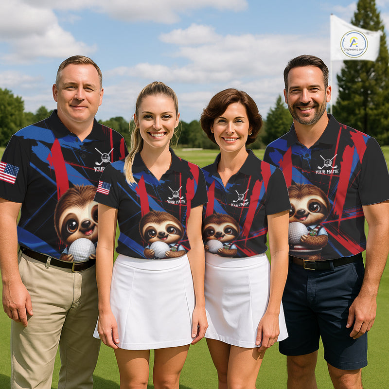 Golf team wearing matching funny sloth golf polos with artistic brush effects for tournaments, golf leagues and team building events.