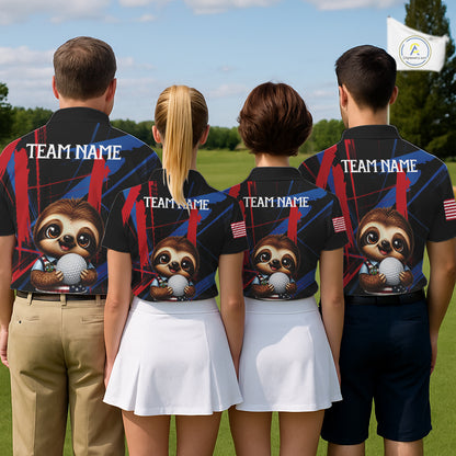 Golf team wearing matching funny sloth golf polos with artistic brush effects for tournaments, golf leagues and team building events.