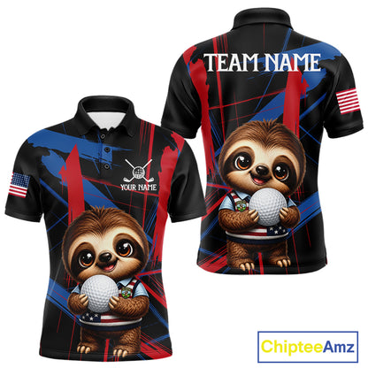 Men's funny golf polo featuring adorable sloth with artistic red and blue brush stroke graphics, custom golf shirt for men's golf teams, family golf outings and golf gifts, symbolizing friendship, creativity and fun.