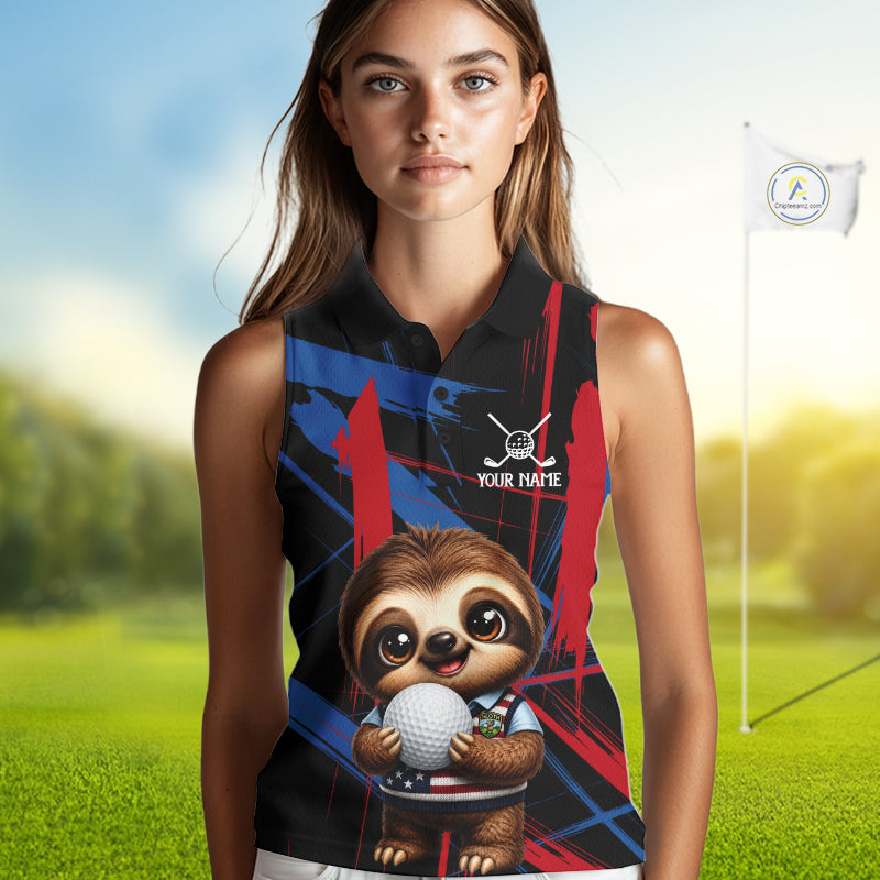 Female golfer wearing cute sloth golf polo featuring colorful brush artwork, representing positive energy and fun golf lifestyle.