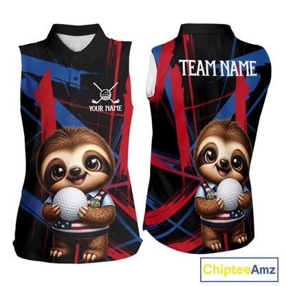 Women's sleeveless golf polo featuring cute sloth with red and blue artistic brush strokes, personalized golf apparel symbolizing creativity, relaxation and friendship.