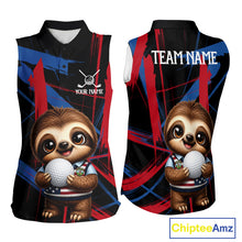 Load image into Gallery viewer, Women's sleeveless golf polo featuring cute sloth with red and blue artistic brush strokes, personalized golf apparel symbolizing creativity, relaxation and friendship.