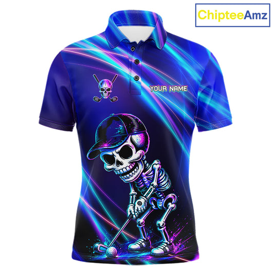 Men's golf polo featuring glowing skeleton skull with neon purple and blue graphics, personalized performance golf apparel for Halloween golf tournaments, alternative golf fashion and men's golf teams, symbolizing strength, individuality and fearless spirit.