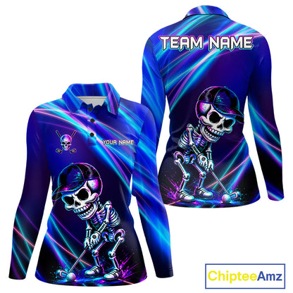 Women's golf polo with neon skull graphics, bold custom golf apparel for Halloween golf tournaments, alternative fashion and golf team uniforms.