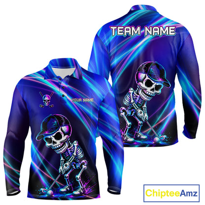 Men's golf polo featuring glowing skeleton skull with neon purple and blue graphics, personalized performance golf apparel for Halloween golf tournaments, alternative golf fashion and men's golf teams, symbolizing strength, individuality and fearless spirit.