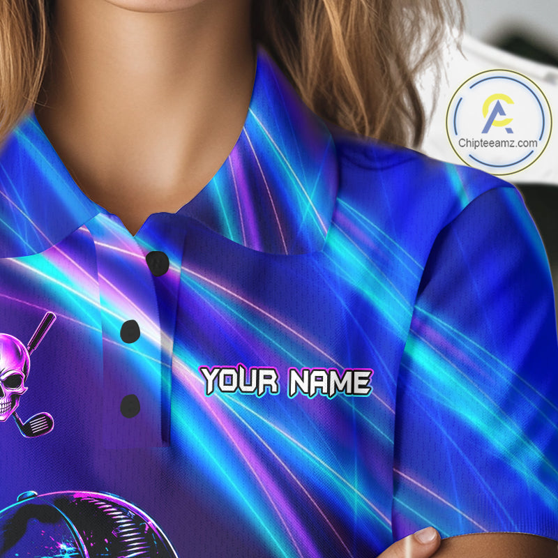 Female golfer wearing skeleton golf polo with glowing neon artwork, unique ladies golf apparel expressing confidence and individuality.
