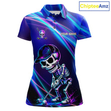 Load image into Gallery viewer, Women's golf polo with neon skull graphics, bold custom golf apparel for Halloween golf tournaments, alternative fashion and golf team uniforms.