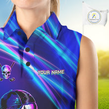Load image into Gallery viewer, Female golfer wearing skeleton golf polo with glowing neon artwork, unique ladies golf apparel expressing confidence and individuality.