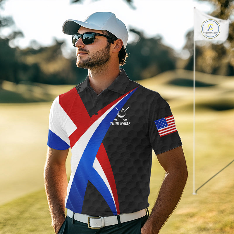 Male golfer wearing black American flag golf polo during championship tournament, premium golf apparel for veterans, patriotic golfers and Father's Day gifts.