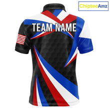 Load image into Gallery viewer, Men's black golf polo featuring golf ball pattern and patriotic American flag artwork, personalized performance golf apparel for men's golf tournaments, veterans, golf clubs and Father's Day gifts, symbolizing strength, unity and American pride.