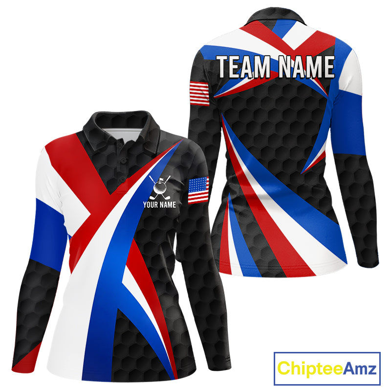 Women's black patriotic golf polo featuring golf ball graphics, custom performance golf shirt for tournaments, golf clubs and USA team apparel.
