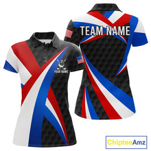 Load image into Gallery viewer, Women's black patriotic golf polo featuring golf ball graphics, custom performance golf shirt for tournaments, golf clubs and USA team apparel.