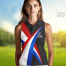 Load image into Gallery viewer, Female golfer wearing personalized black patriotic golf polo, elegant golf apparel for ladies golf clubs, Memorial Day events and Independence Day tournaments.