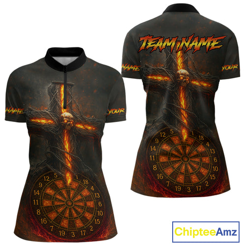 Custom Flames Skull Dartboard Halloween 1/4-Zip Dart Shirt For Women Outfits Dart Team Jersey NYN0871