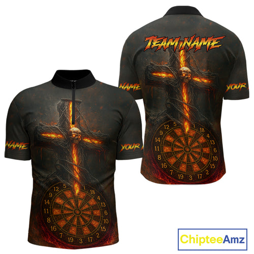 Custom Flames Skull Dartboard Halloween 1/4-Zip Dart Shirt For Men Outfits Dart Team Jersey NYN0871