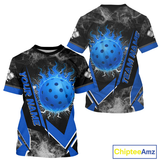 Custom Blue Smoke Flame Pickleball Ball T-Shirt For Men, Pickleball Team Jersey Outfit NYN1268