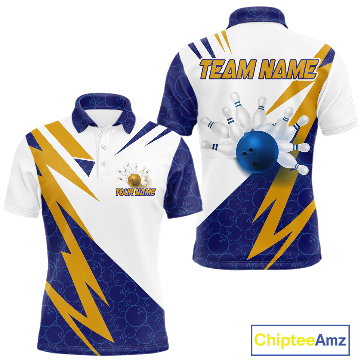 Blue And Yellow Bowling Polo Quarter Zip Shirt For Men Custom Lightning Team Bowling Jerseys NYN4282
