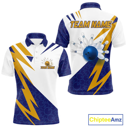 Blue And Yellow Bowling Polo Quarter Zip Shirt For Men Custom Lightning Team Bowling Jerseys NYN4282