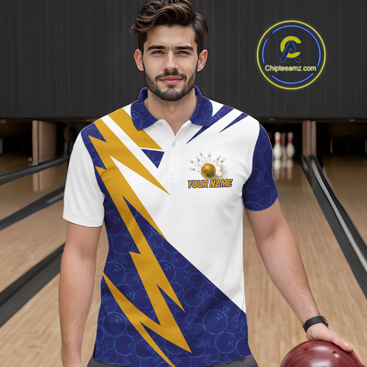 Blue And Yellow Bowling Polo Quarter Zip Shirt For Men Custom Lightning Team Bowling Jerseys NYN4282