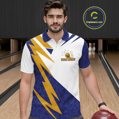 Blue And Yellow Bowling Polo Quarter Zip Shirt For Men Custom Lightning Team Bowling Jerseys NYN4282