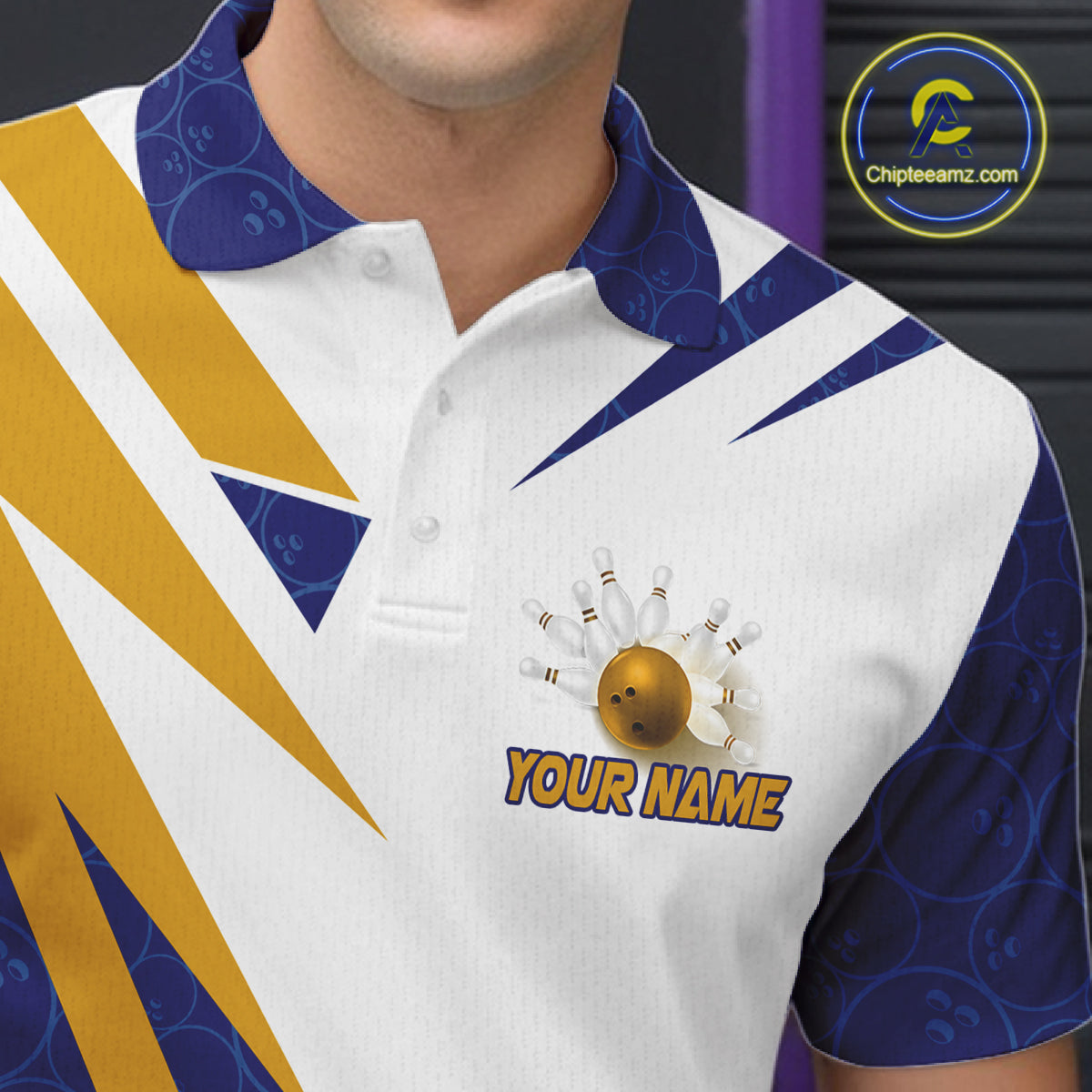 Blue And Yellow Bowling Polo Quarter Zip Shirt For Men Custom Lightning Team Bowling Jerseys NYN4282