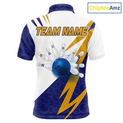Blue And Yellow Bowling Polo Quarter Zip Shirt For Men Custom Lightning Team Bowling Jerseys NYN4282