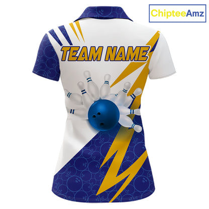 Blue And Yellow Bowling Polo Quarter Zip Shirt For Women Custom Lightning Team Bowling Jerseys NYN4282