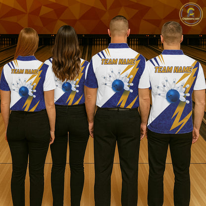 Blue And Yellow Bowling Polo Quarter Zip Shirt For Men Custom Lightning Team Bowling Jerseys NYN4282