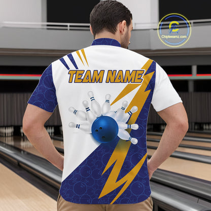 Blue And Yellow Bowling Polo Quarter Zip Shirt For Men Custom Lightning Team Bowling Jerseys NYN4282