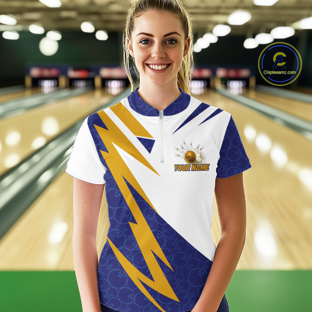 Blue And Yellow Bowling Polo Quarter Zip Shirt For Women Custom Lightning Team Bowling Jerseys NYN4282