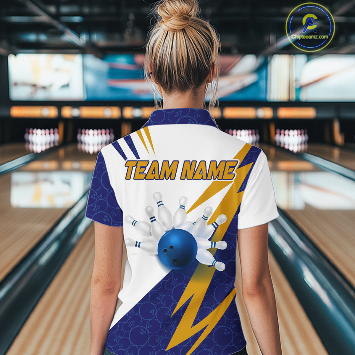 Blue And Yellow Bowling Polo Quarter Zip Shirt For Women Custom Lightning Team Bowling Jerseys NYN4282