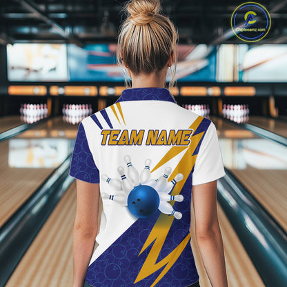 Blue And Yellow Bowling Polo Quarter Zip Shirt For Women Custom Lightning Team Bowling Jerseys NYN4282