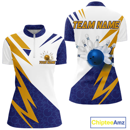 Blue And Yellow Bowling Polo Quarter Zip Shirt For Women Custom Lightning Team Bowling Jerseys NYN4282