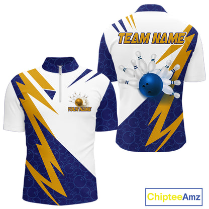 Blue And Yellow Bowling Polo Quarter Zip Shirt For Men Custom Lightning Team Bowling Jerseys NYN4282