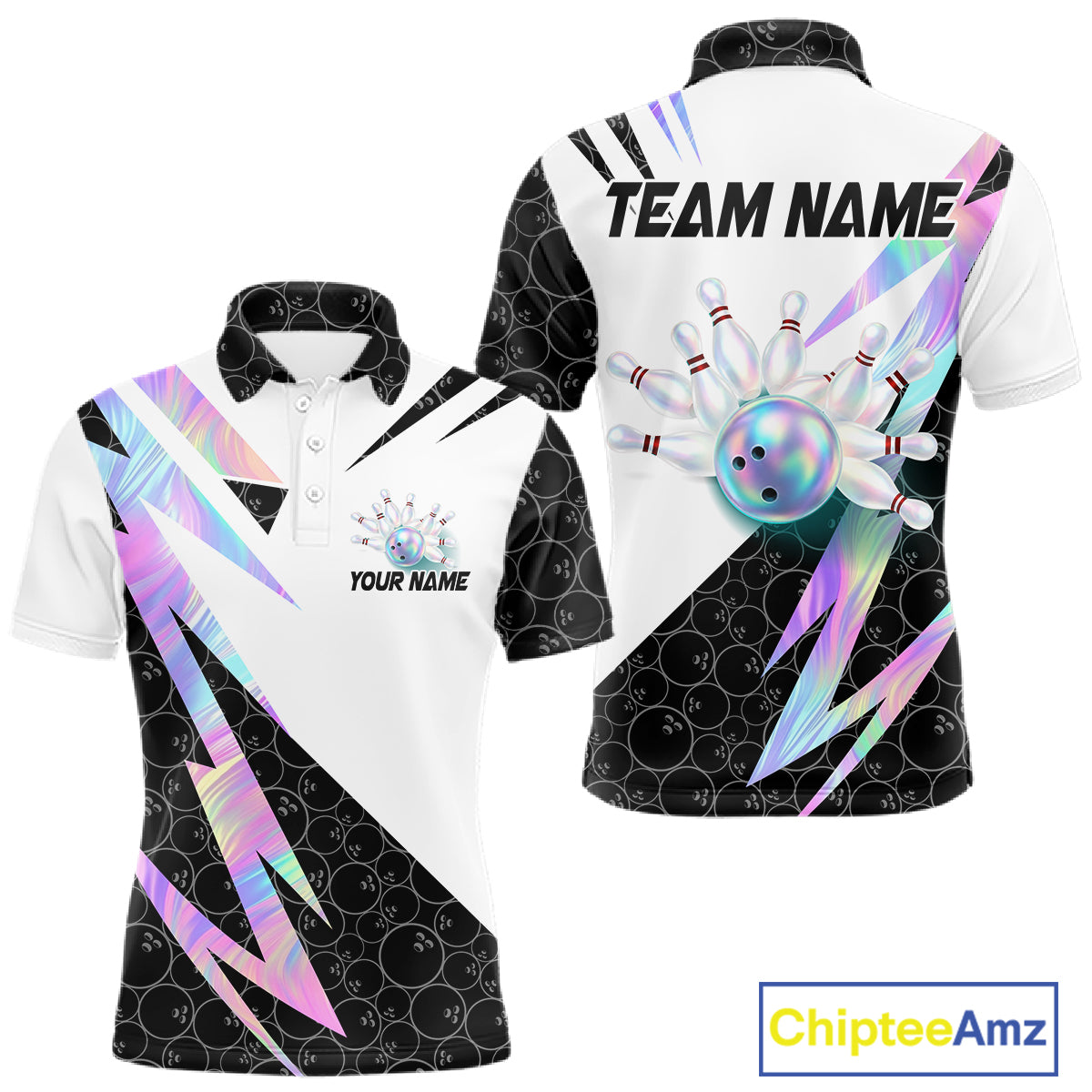 Holographic Bowling Polo Quarter Zip Shirt For Men Custom Glossy Lightning Team Bowling Jerseys NYN4283