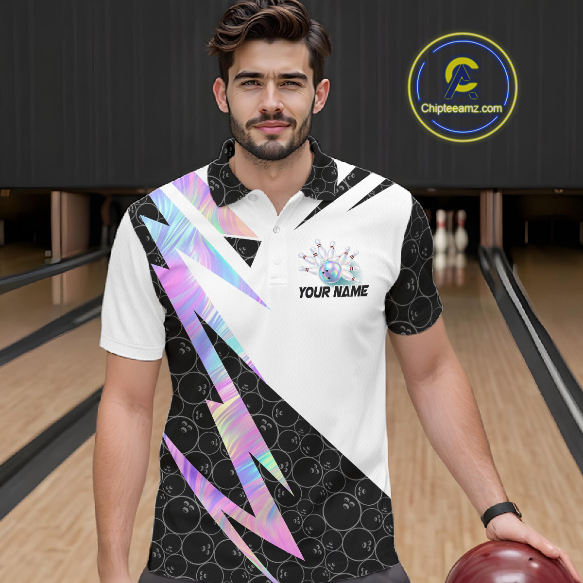 Holographic Bowling Polo Quarter Zip Shirt For Men Custom Glossy Lightning Team Bowling Jerseys NYN4283