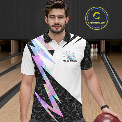 Holographic Bowling Polo Quarter Zip Shirt For Men Custom Glossy Lightning Team Bowling Jerseys NYN4283