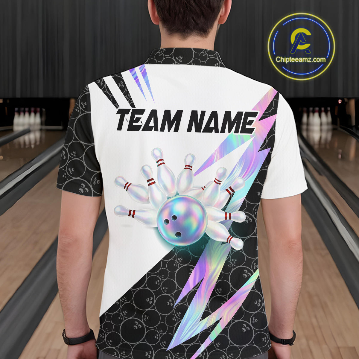 Holographic Bowling Polo Quarter Zip Shirt For Men Custom Glossy Lightning Team Bowling Jerseys NYN4283