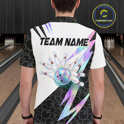Holographic Bowling Polo Quarter Zip Shirt For Men Custom Glossy Lightning Team Bowling Jerseys NYN4283
