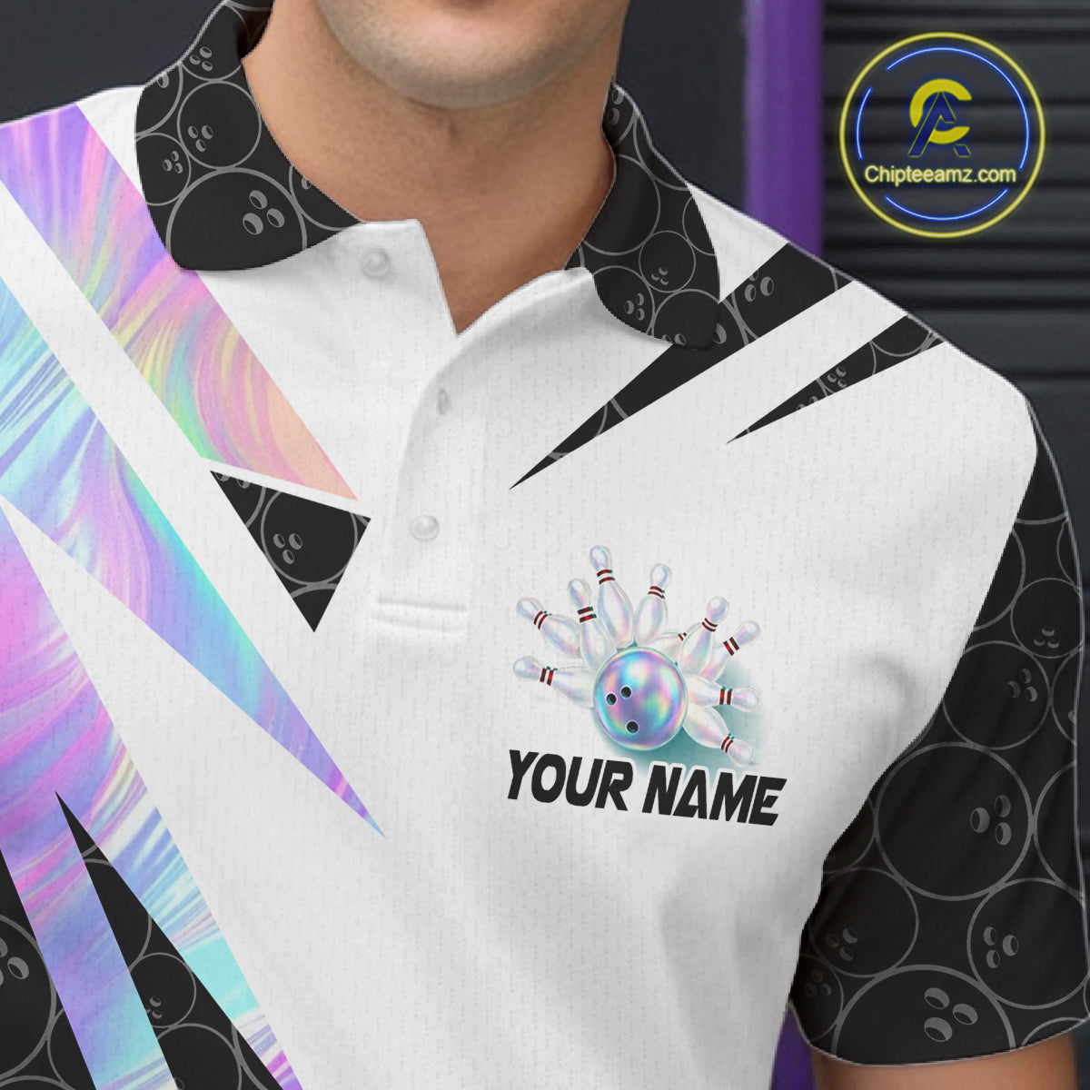 Holographic Bowling Polo Quarter Zip Shirt For Men Custom Glossy Lightning Team Bowling Jerseys NYN4283